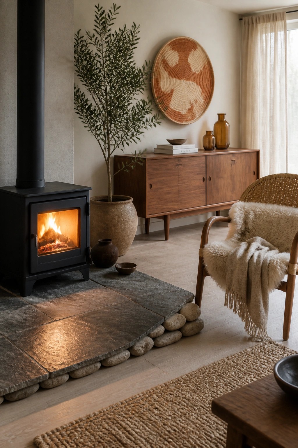 A black wood stove rests on a dark slate hearth bordered by smooth river rocks inside a rustic room with wood furniture and woven wall decor.