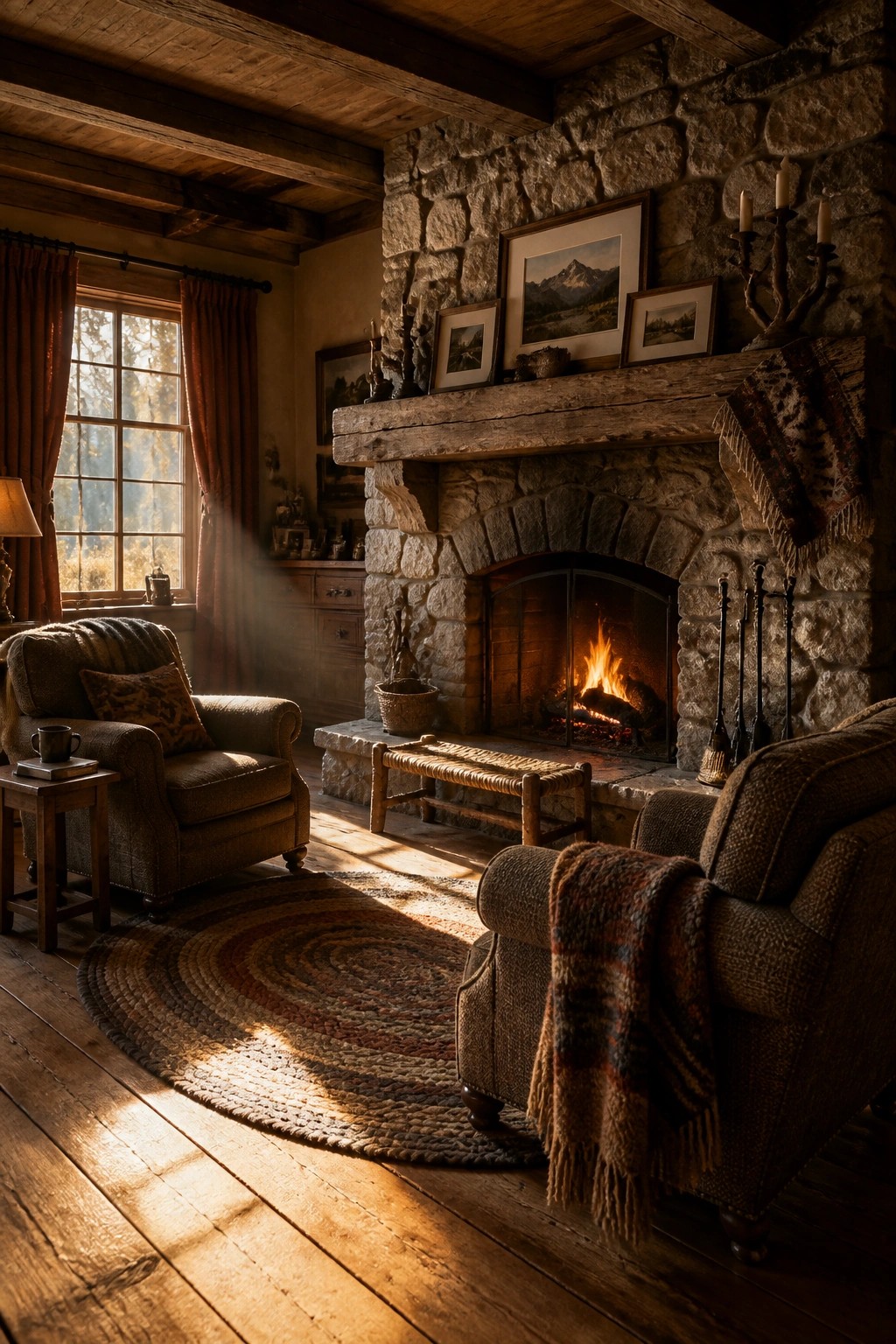 A rustic living room with a large stone fireplace, burning fire, two brown armchairs on a braided rug, and sunlight coming through a window with red curtains.