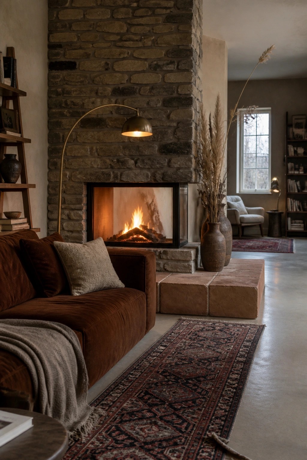 A living room with a large stone fireplace containing a lit fire, a brown velvet sofa with pillows in front, terracotta hearth blocks, and layered patterned rugs on a concrete floor.