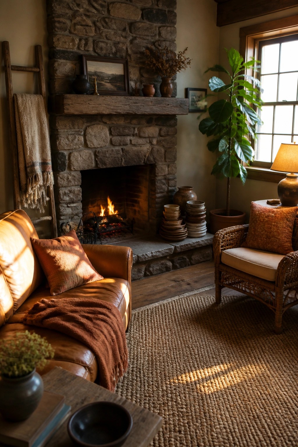 Cozy living room with lit stone fireplace, leather sofa, wicker chair, and sunlit plant.