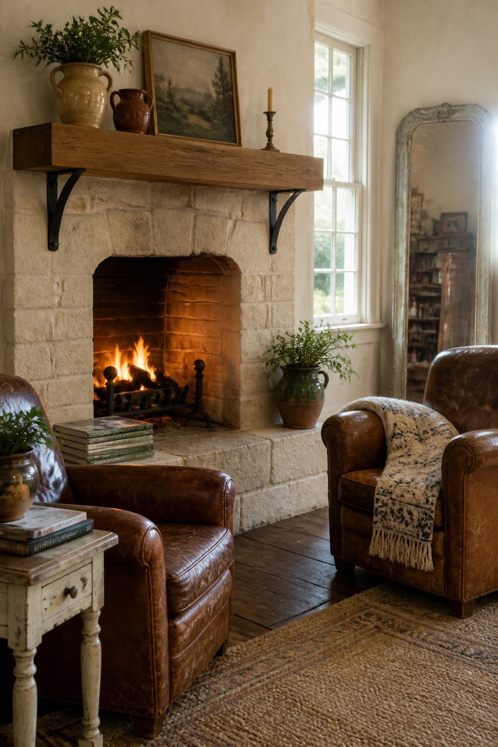Cozy rustic living room with stone fireplace, burning fire, and leather armchairs.