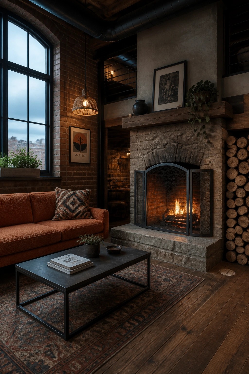 A living room with a large stone fireplace, wooden mantel, orange sofa, and coffee table on a patterned rug.