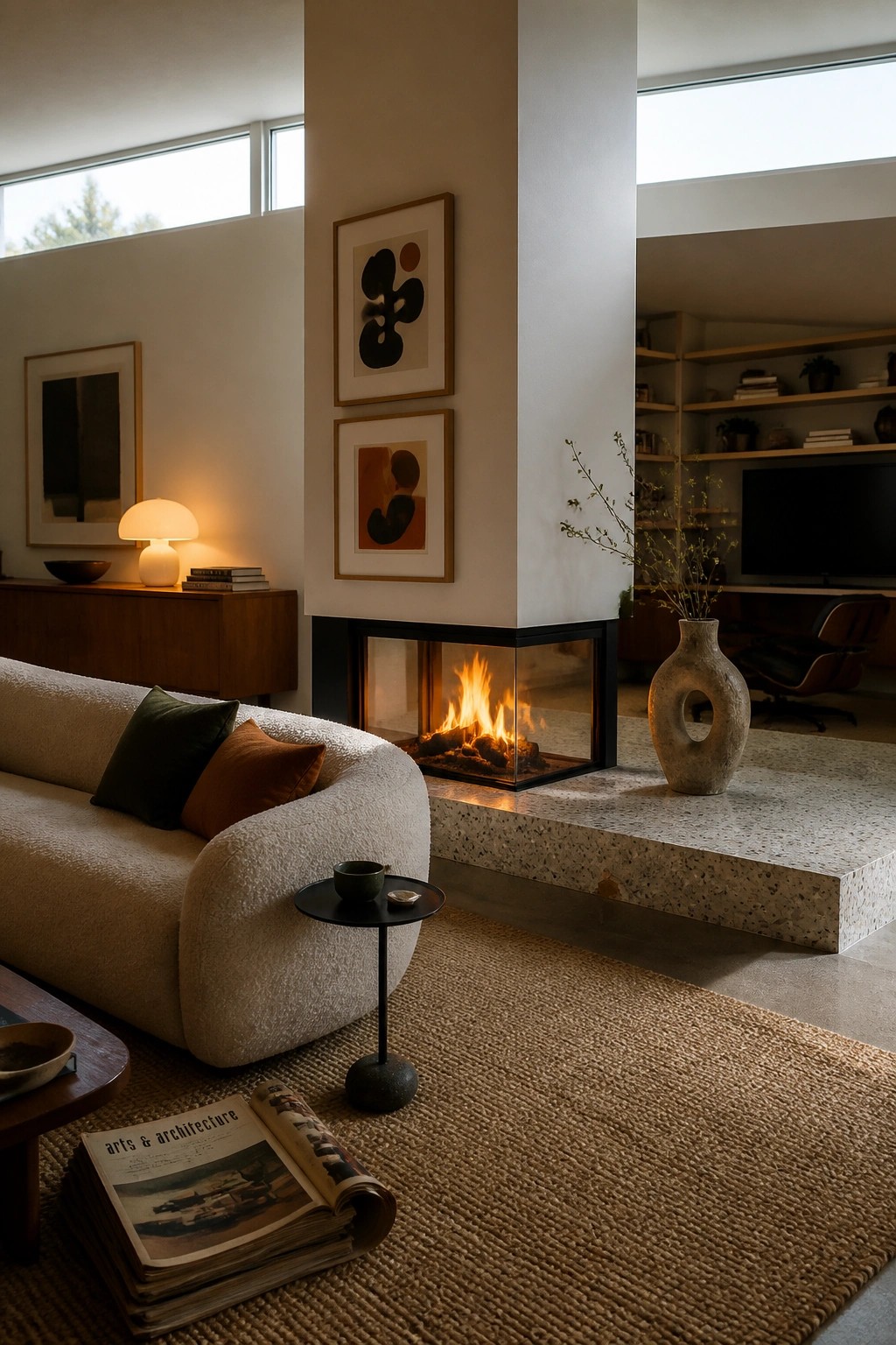 A modern living room with a two-sided fireplace set into a central pillar, a curved sofa with pillows on a woven rug in the foreground, and a television and built-in shelves visible on the far side of the fireplace.