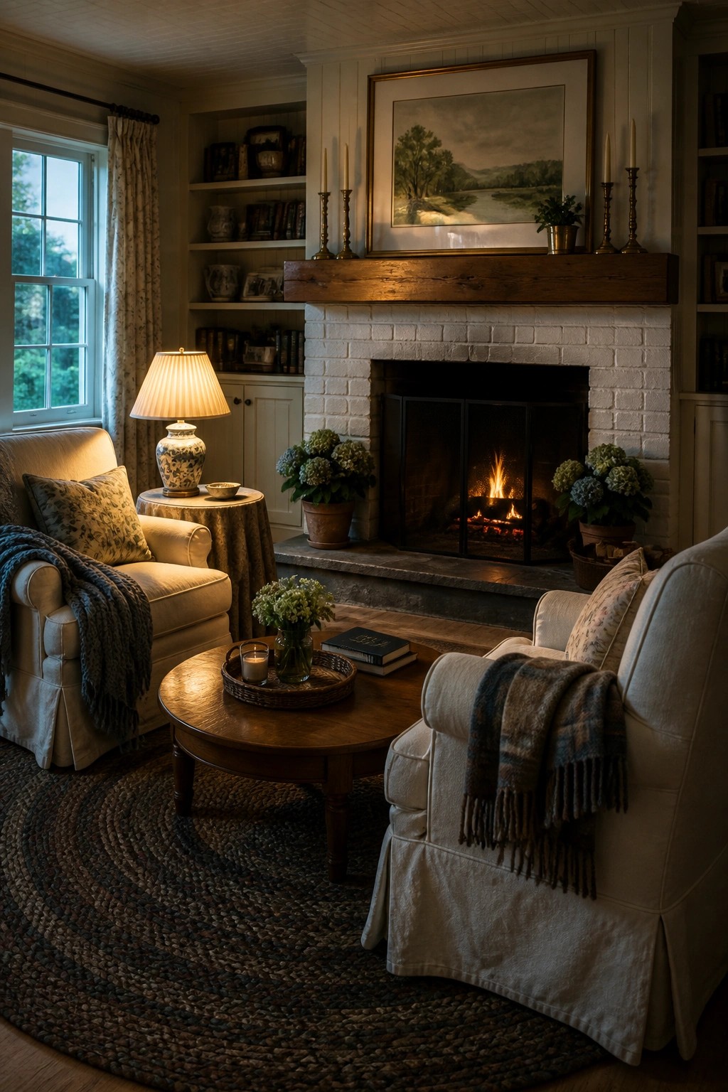 A family room with two white slipcovered armchairs angled toward a white brick fireplace, a round wooden coffee table between them, and built-in bookshelves flanking the mantel.