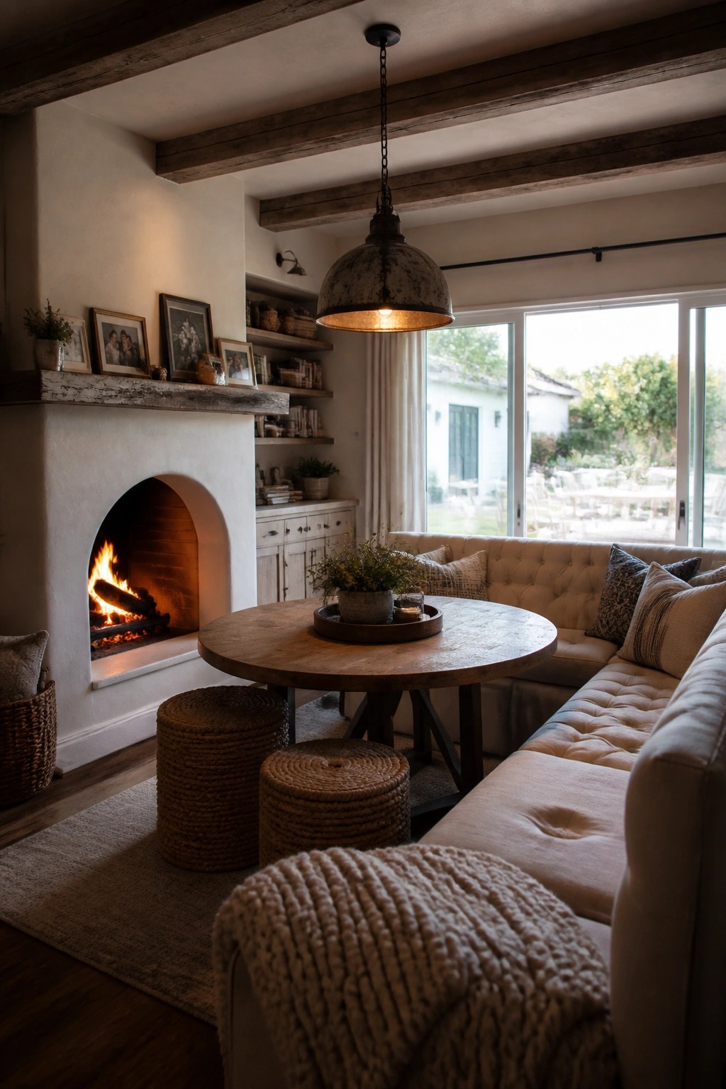 Cozy living room with arched fireplace, round wooden table, tufted sofa, and woven stools.