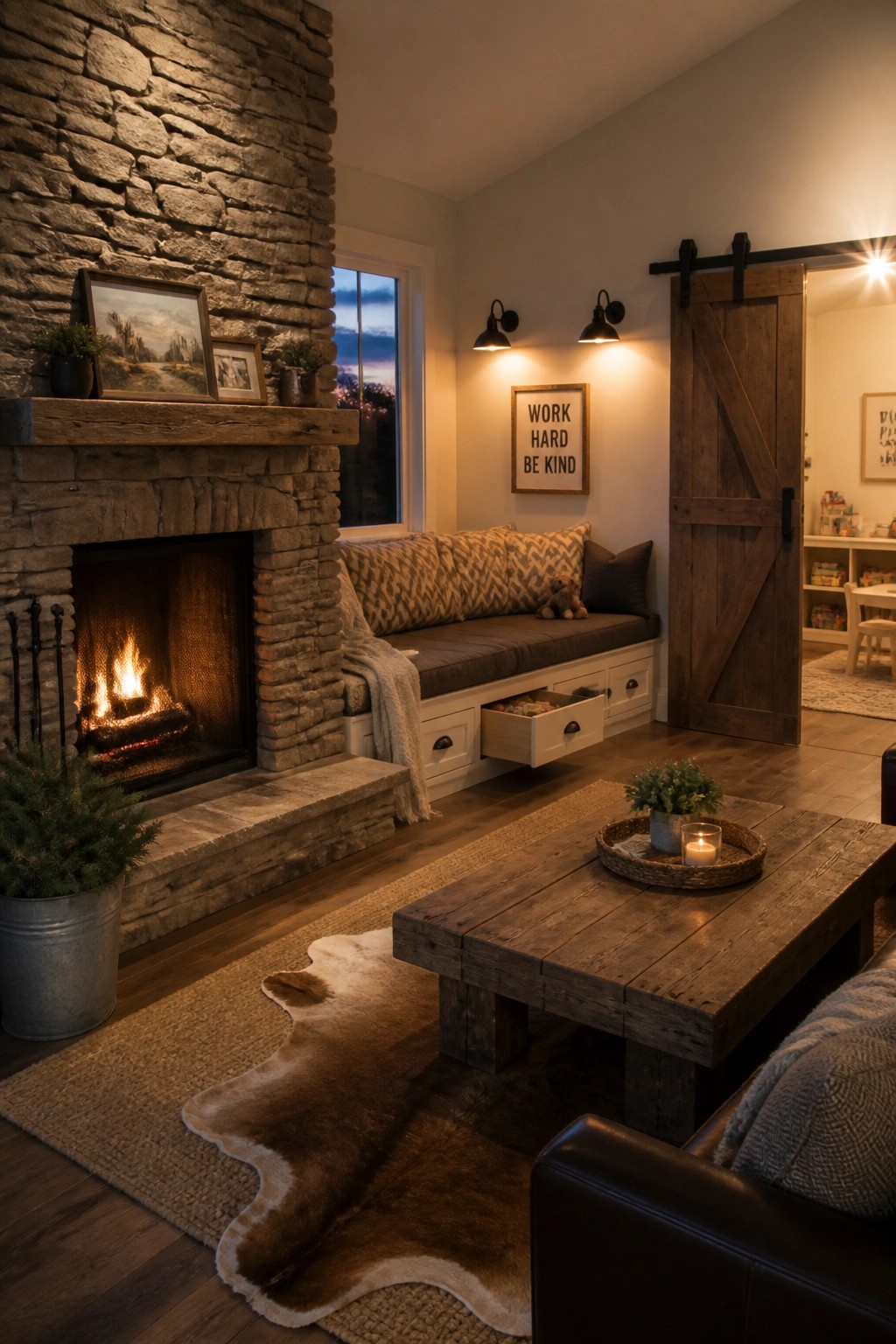 Cozy rustic living room with stone fireplace, wooden coffee table, and open barn door
