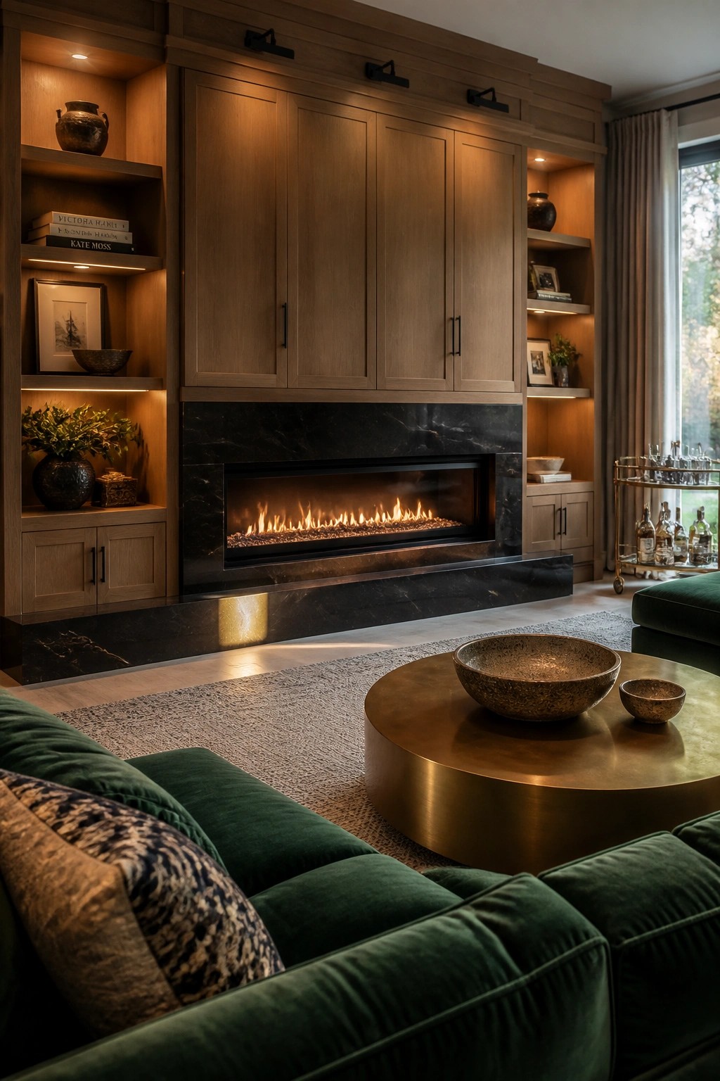 A family room with a linear fireplace centered in a wall of light wood built-in cabinets and open shelves on both sides, with a green sofa and round coffee table in front.
