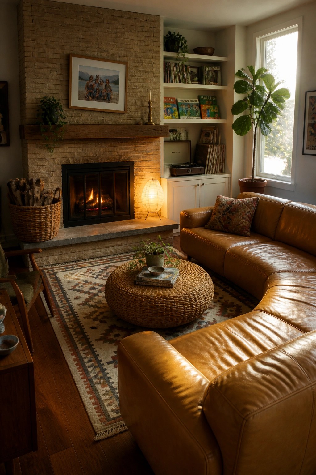 Cozy living room with brown leather sofa, brick fireplace, woven ottoman, and bookshelves
