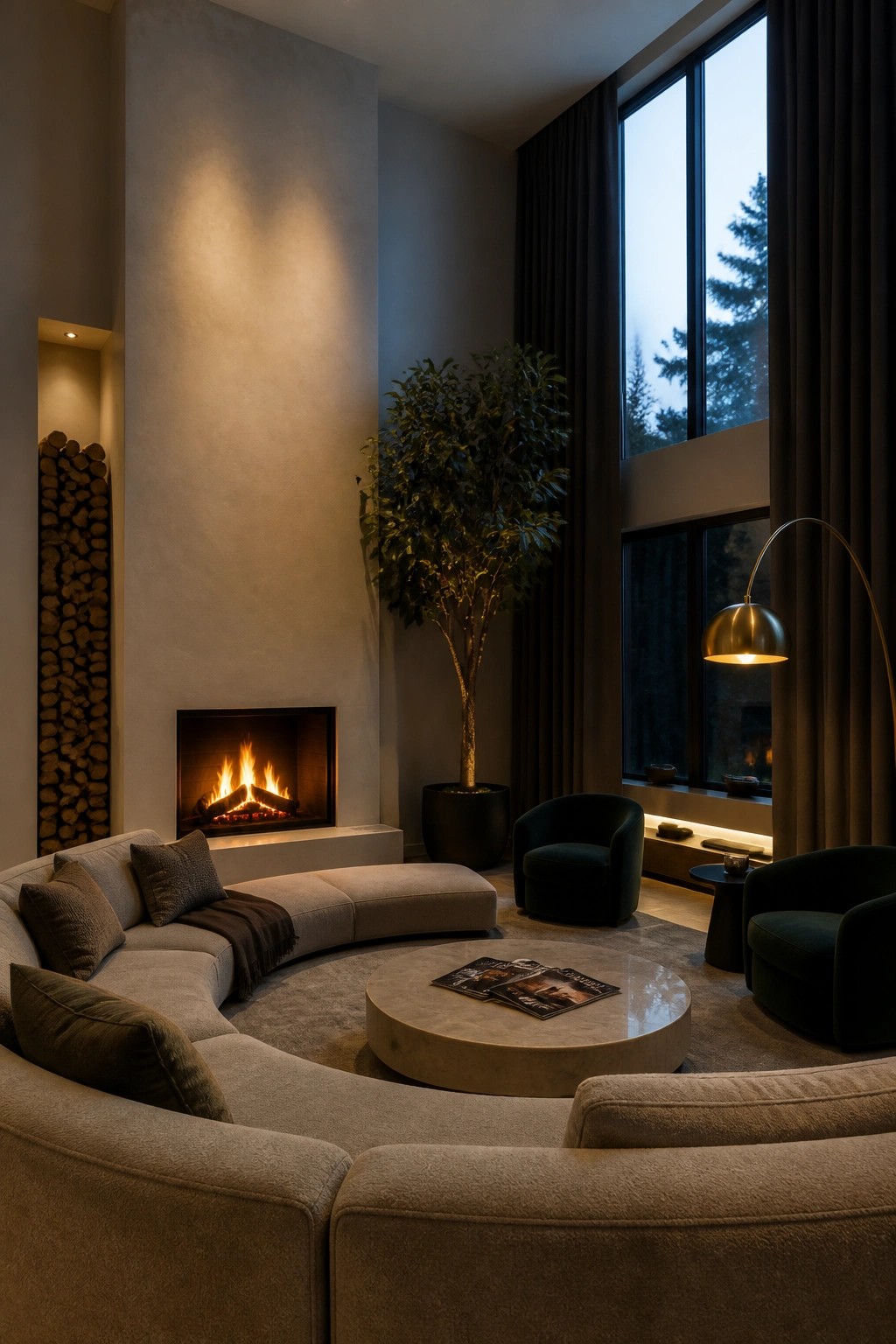 A living room featuring a curved sectional sofa arranged around a modern fireplace, with a round coffee table, two dark armchairs, and tall windows with curtains.