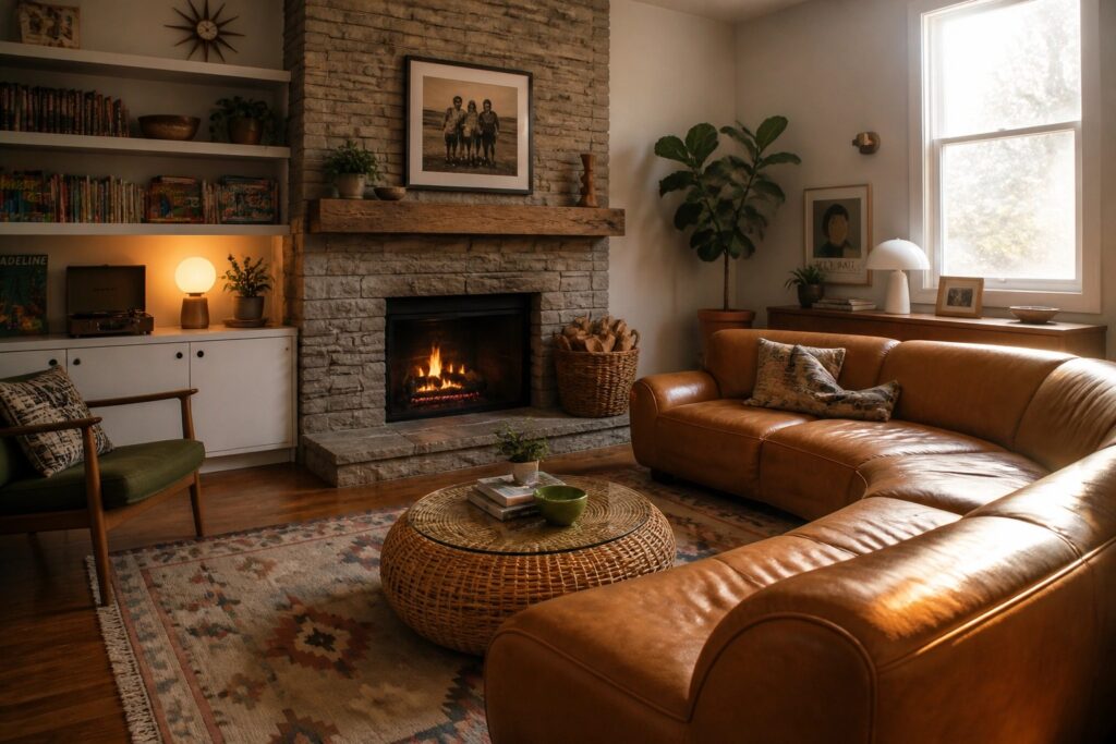 19 Family Room Fireplace Ideas Designed for Conversation and Movie Nights Cozy living room with brown leather sofa, brick fireplace, woven ottoman, and bookshelves
