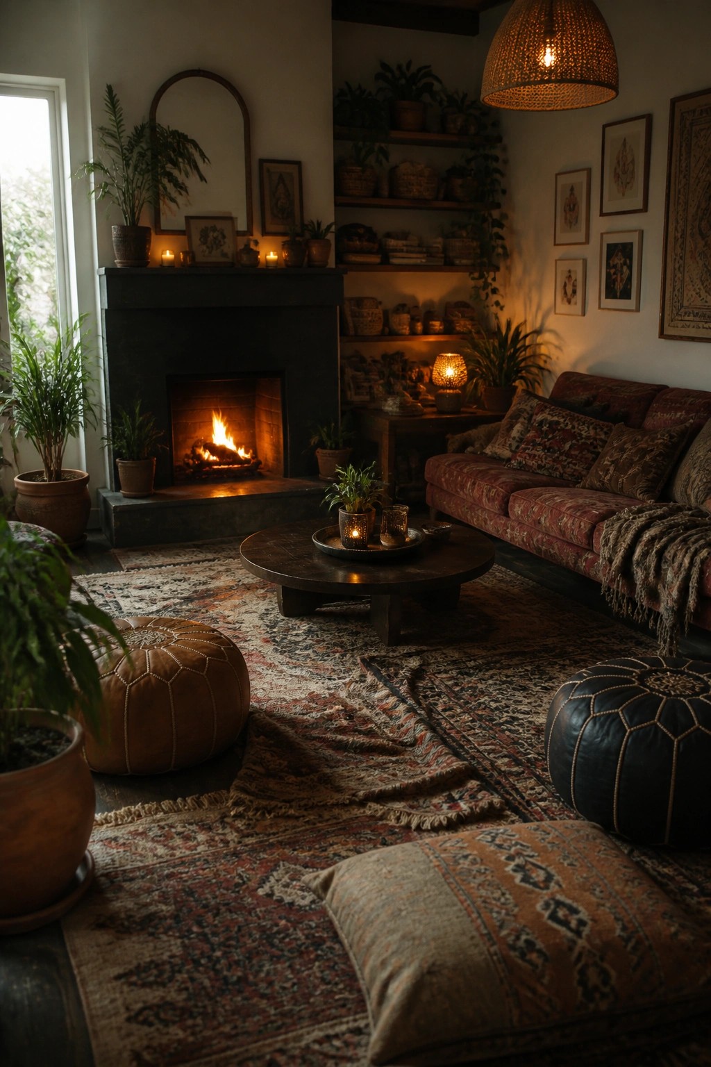 Cozy living room with burning fireplace, red sofa, layered rugs, and potted plants.
