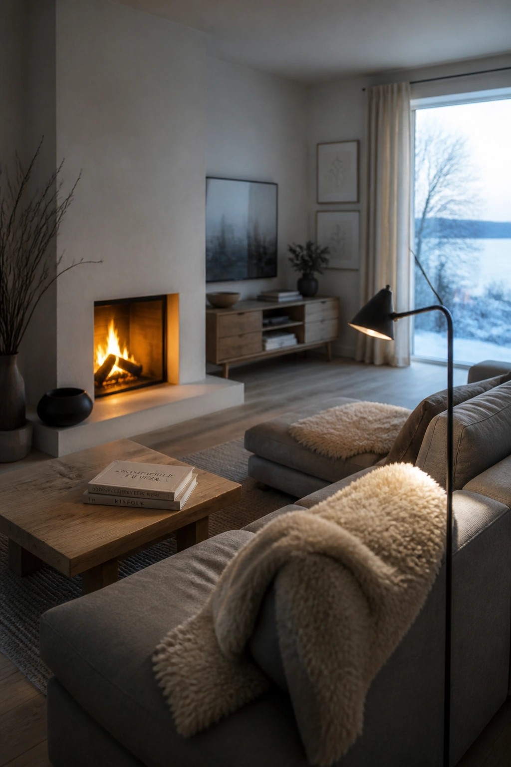 A modern living room with a lit fireplace on a white wall, a gray sectional sofa draped with sheepskin throws, a wooden coffee table holding books, and a large window overlooking a snowy landscape.