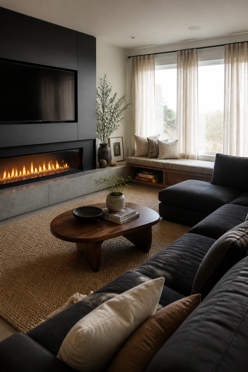 A living room with a dark wall unit holding a mounted television above a linear fireplace, a round wooden coffee table on a woven rug, and a dark sectional sofa facing the wall.