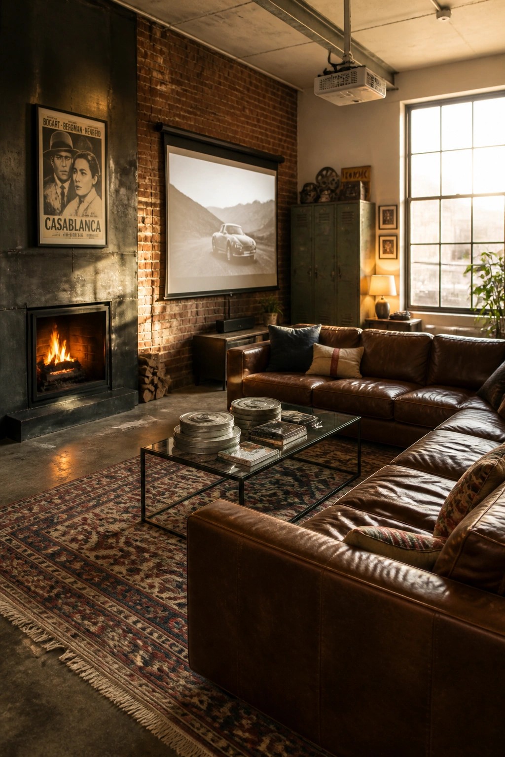 A family room interior with a black fireplace on a dark wall to the left, a large projection screen on a brick wall showing a vintage car, a brown leather sectional sofa facing it, and a ceiling-mounted projector.
