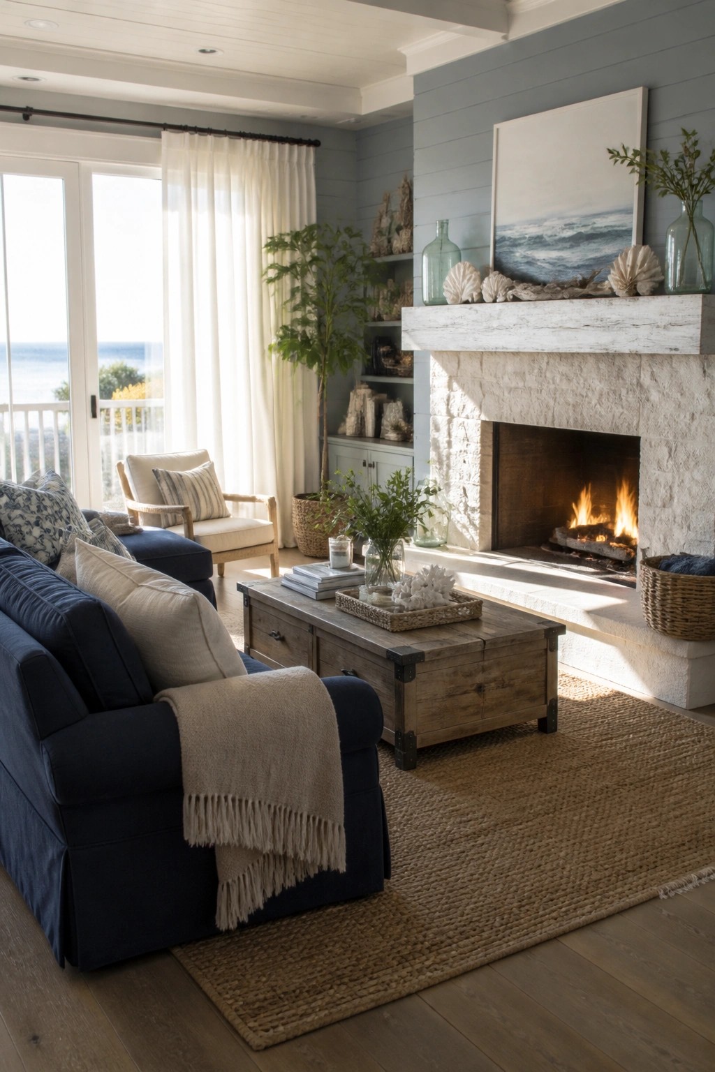 A living room featuring a large stone fireplace with a white wooden mantel, a navy sofa with beige pillows and a throw, a wooden coffee table on a jute rug, and glass doors opening to the ocean.