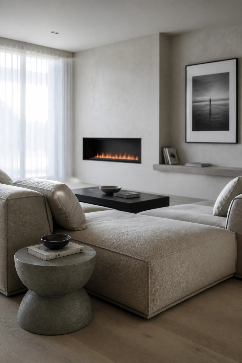 A modern living room with a beige sectional sofa facing a recessed linear fireplace on a plain wall, a black coffee table, and a round concrete side table in the foreground.