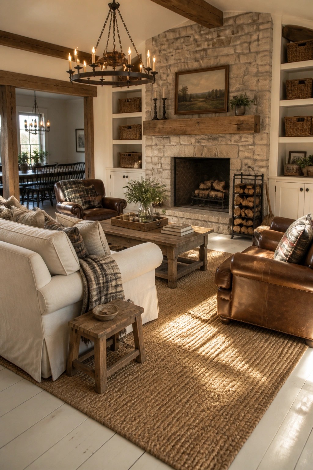 A living room with a large stone fireplace, brown leather sofas and armchairs, a wooden coffee table, and a woven rug on white wood floors.