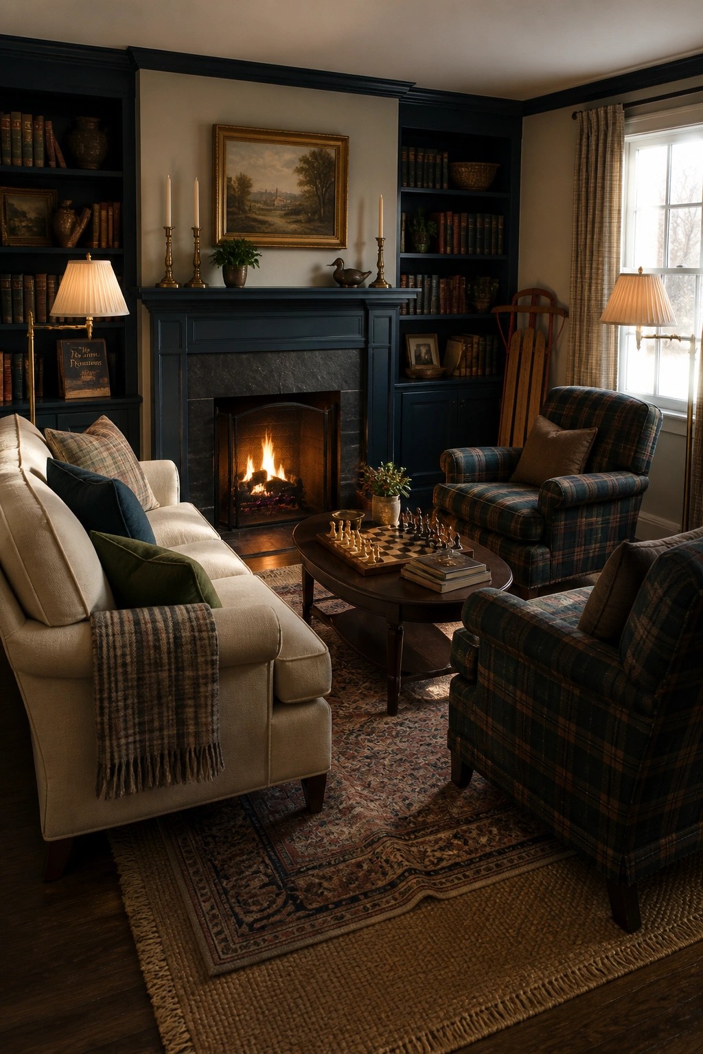 A family room with a central fireplace flanked by dark blue bookshelves, a beige sofa, two plaid armchairs, and a round coffee table arranged on a patterned rug.