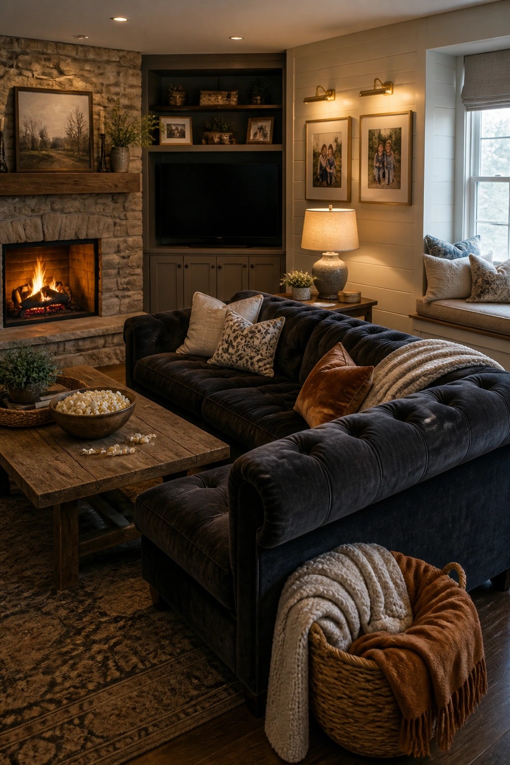 A living room featuring a large dark tufted sofa facing a stone fireplace with a television set into built-in shelving above cabinet doors.