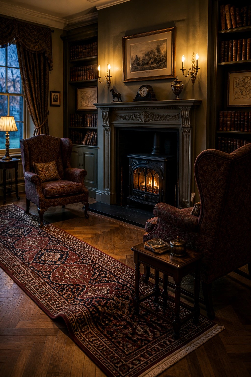 Cozy library with red armchairs, Persian rug, wood stove fireplace, and bookshelves.
