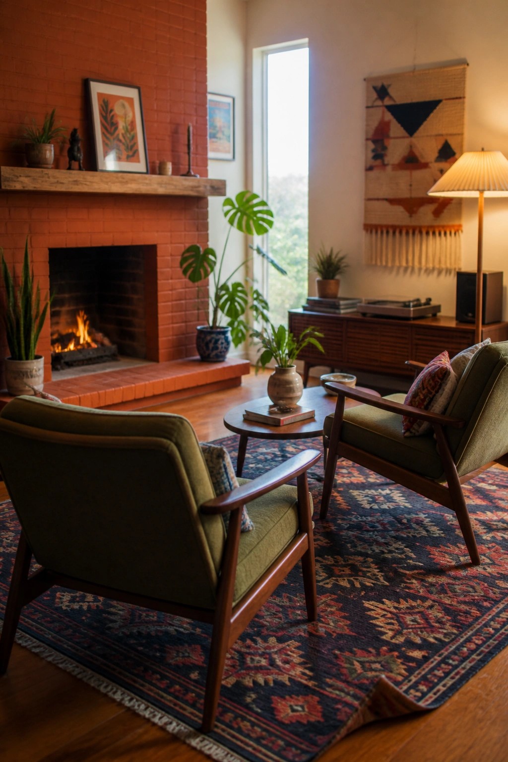 Two green armchairs sit on a patterned rug facing a red brick fireplace, with a round coffee table between them.