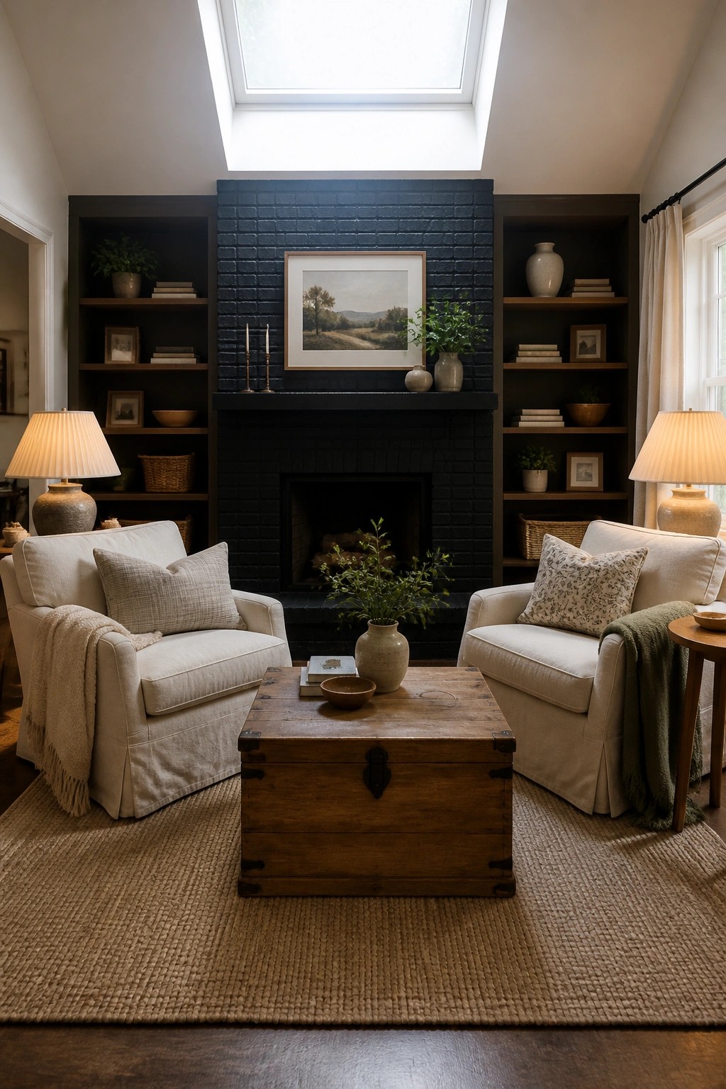 Two white armchairs facing each other across a wooden trunk in front of a black brick fireplace with built-in shelves on both sides.
