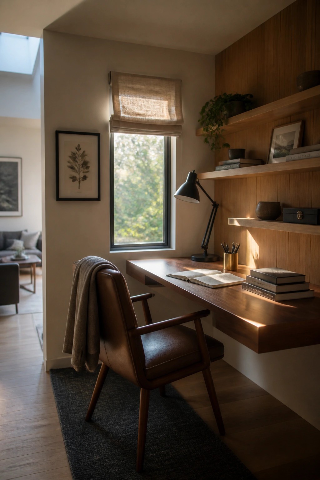 A wooden floating desk with a brown leather chair is positioned under a window with a rolled shade, next to wall-mounted wooden shelves holding books and small items.