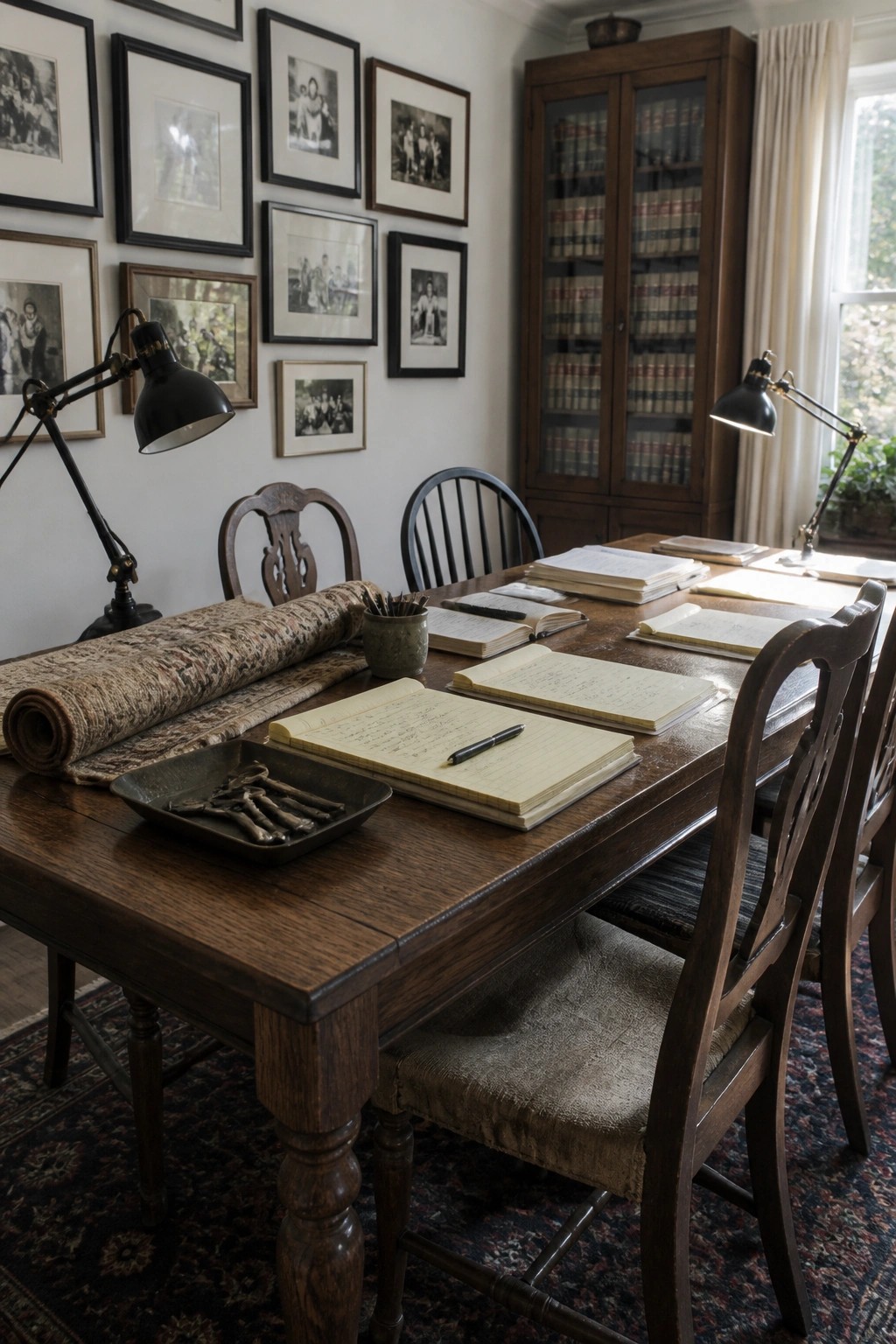 A dark wooden table covered with open notebooks, papers, and two black adjustable desk lamps, surrounded by wooden chairs in a room with framed photos on the wall and a tall bookcase.