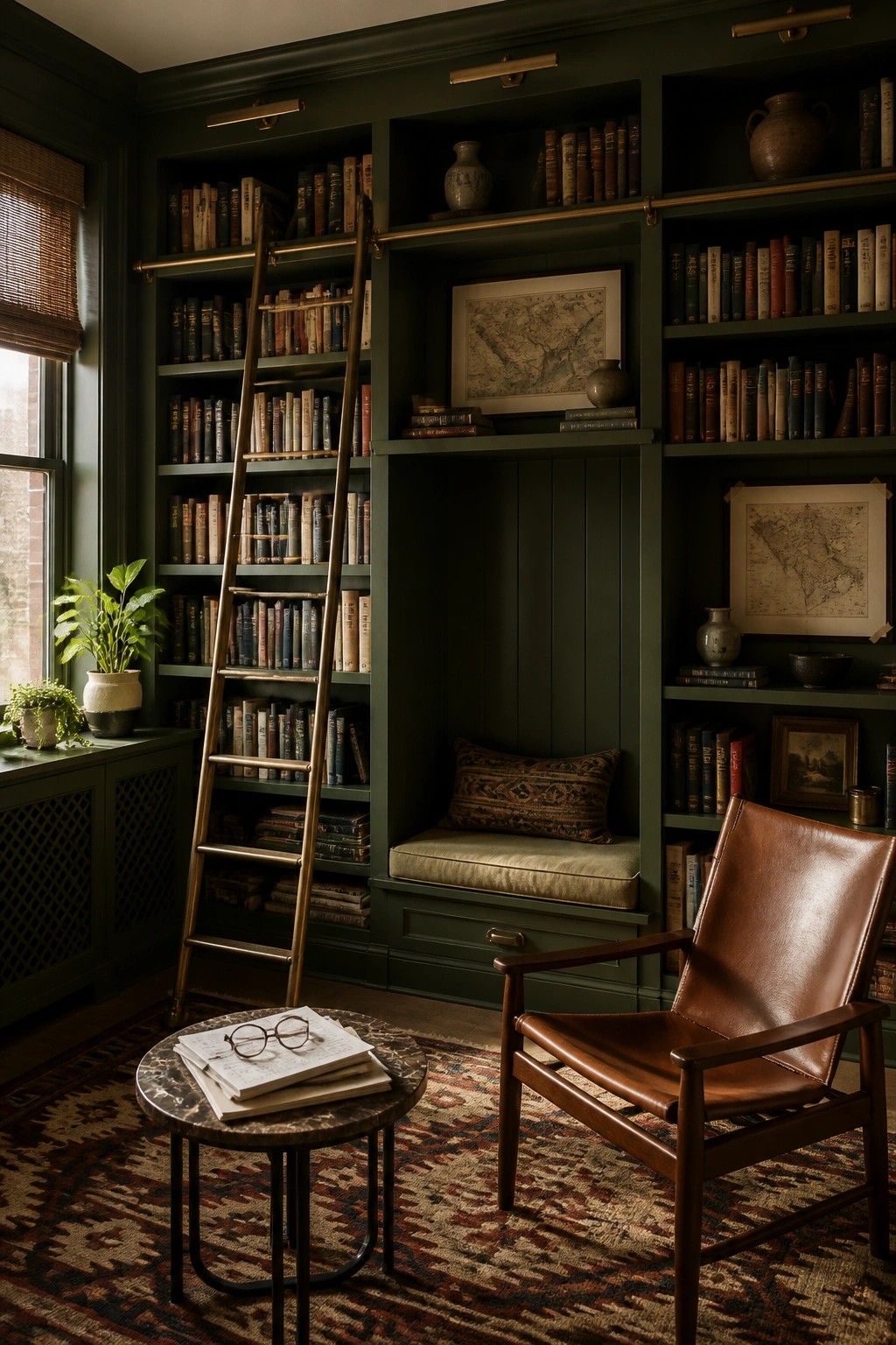 A dark green built-in bookshelf wall features a recessed cushioned bench seat with a patterned pillow, a brass rolling ladder, a brown leather armchair, and a small marble side table on a patterned rug.