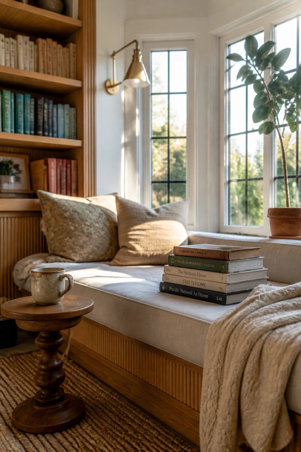 A built-in window seat with cushions and stacked books beside wooden bookshelves and a small side table holding a mug.