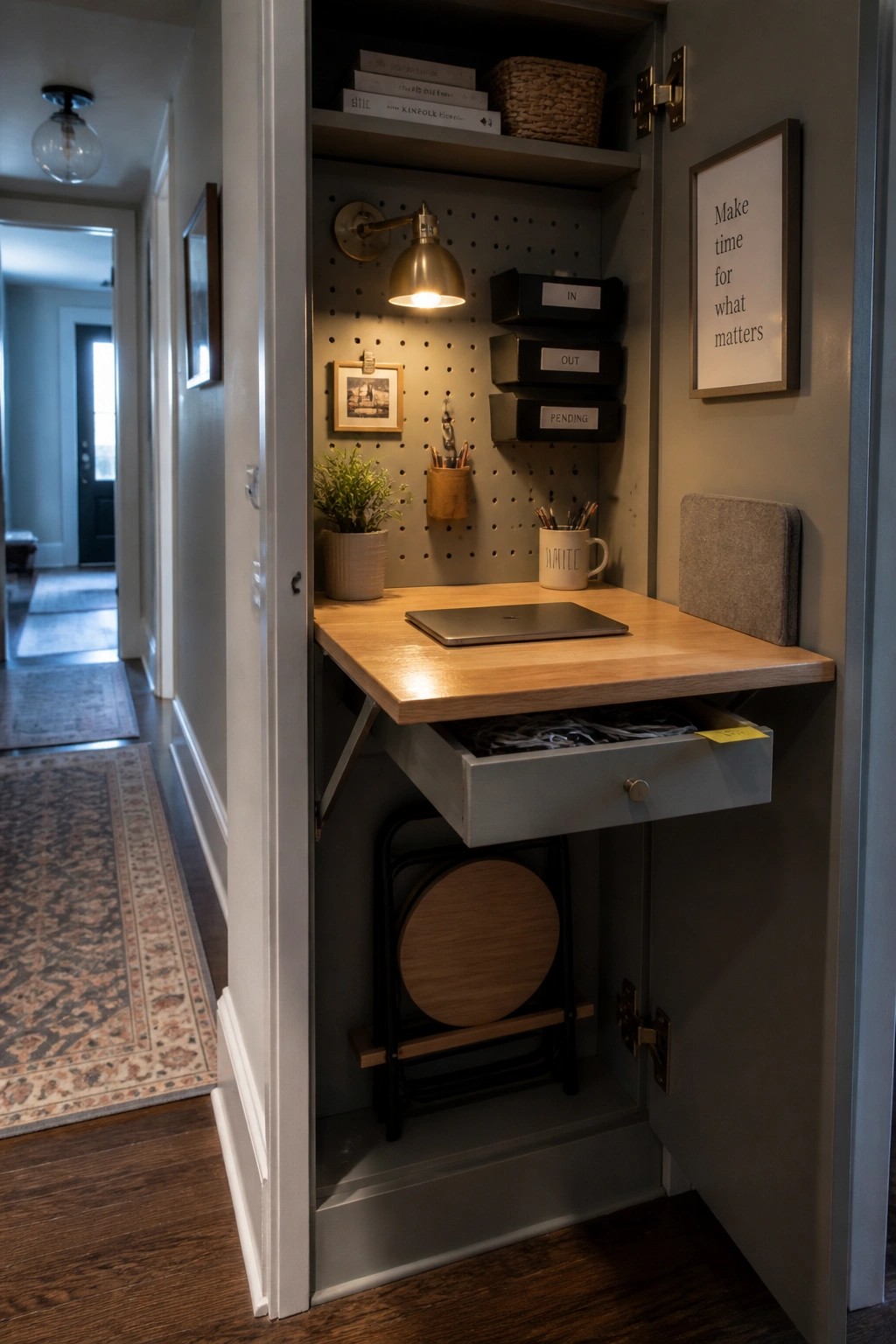 A wooden fold-down desk extends from a gray cabinet in a hallway, with a laptop on top, an open drawer below, a pegboard with organizers on the back wall, and stacked folding tables stored underneath.