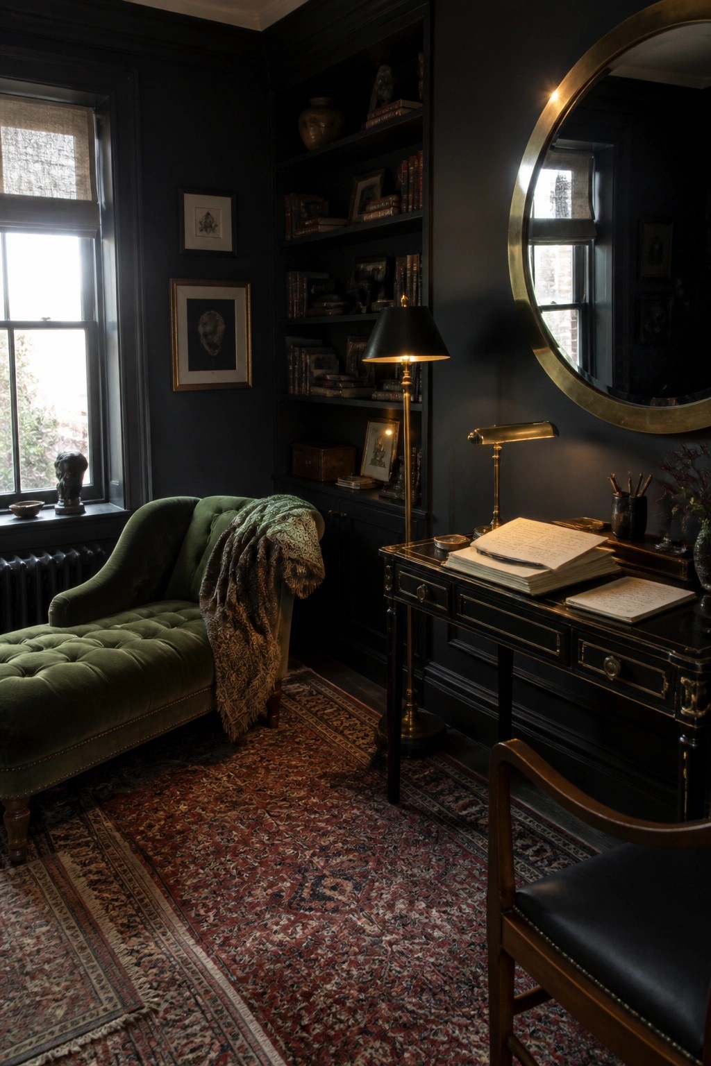 Dark room with green velvet chaise, black desk, round mirror, bookshelves and rug