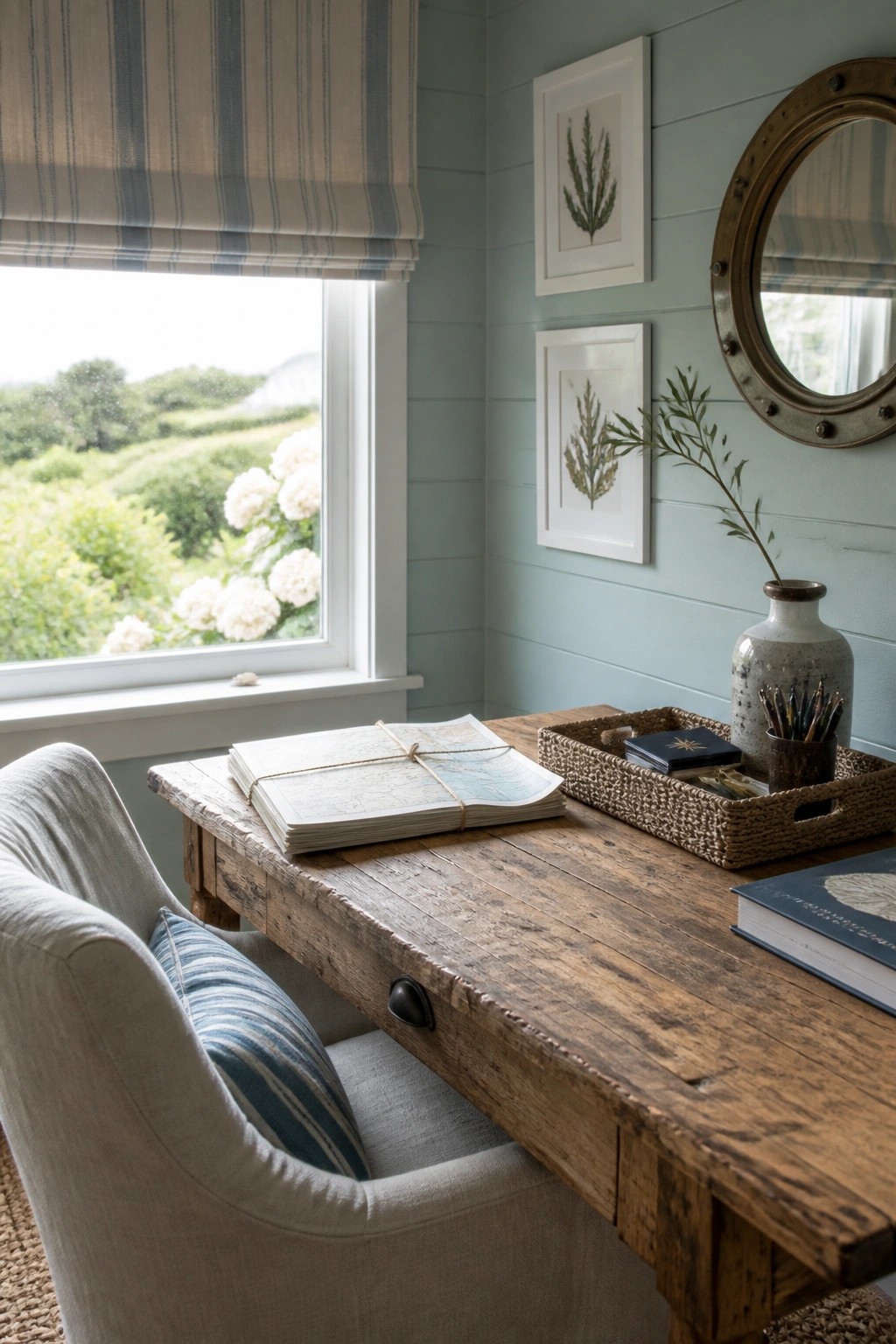 Rustic wooden desk with maps and tray beside window overlooking green hills on blue walls