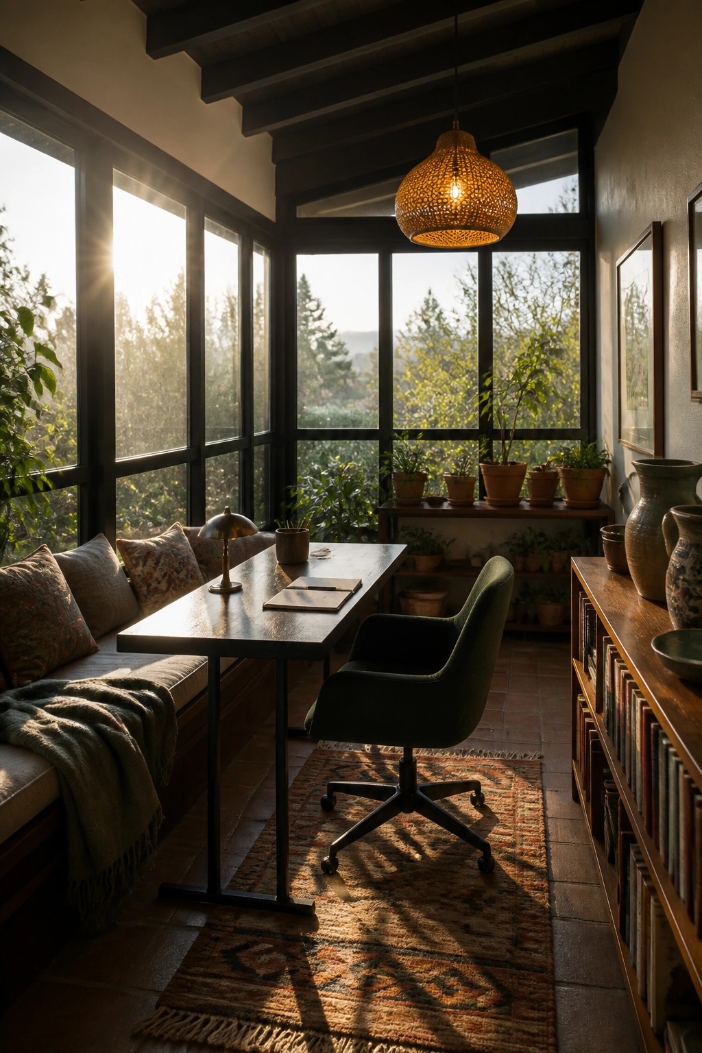 A study interior with a wooden desk beside a cushioned window seat, a green swivel chair on a patterned rug, large black-framed windows, and bookshelves along one wall.