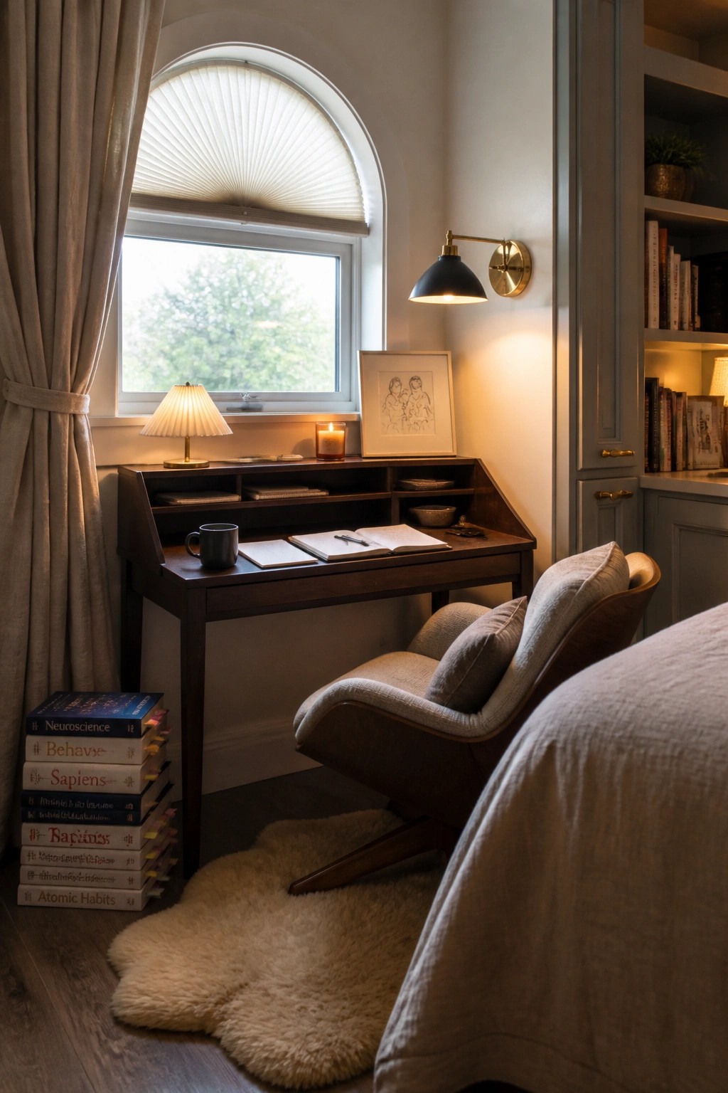 A wooden slant-top desk with cubbies sits beneath an arched window, paired with a cushioned swivel chair on a sheepskin rug and a stack of books on the floor.