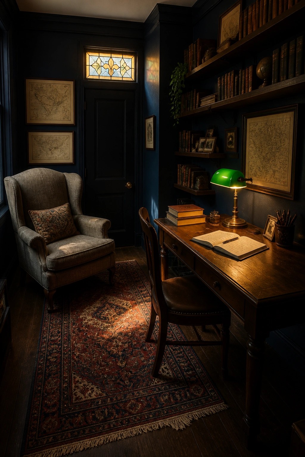 A wooden desk with an open book and green desk lamp in a dark blue study room with bookshelves, an armchair, and a patterned rug.