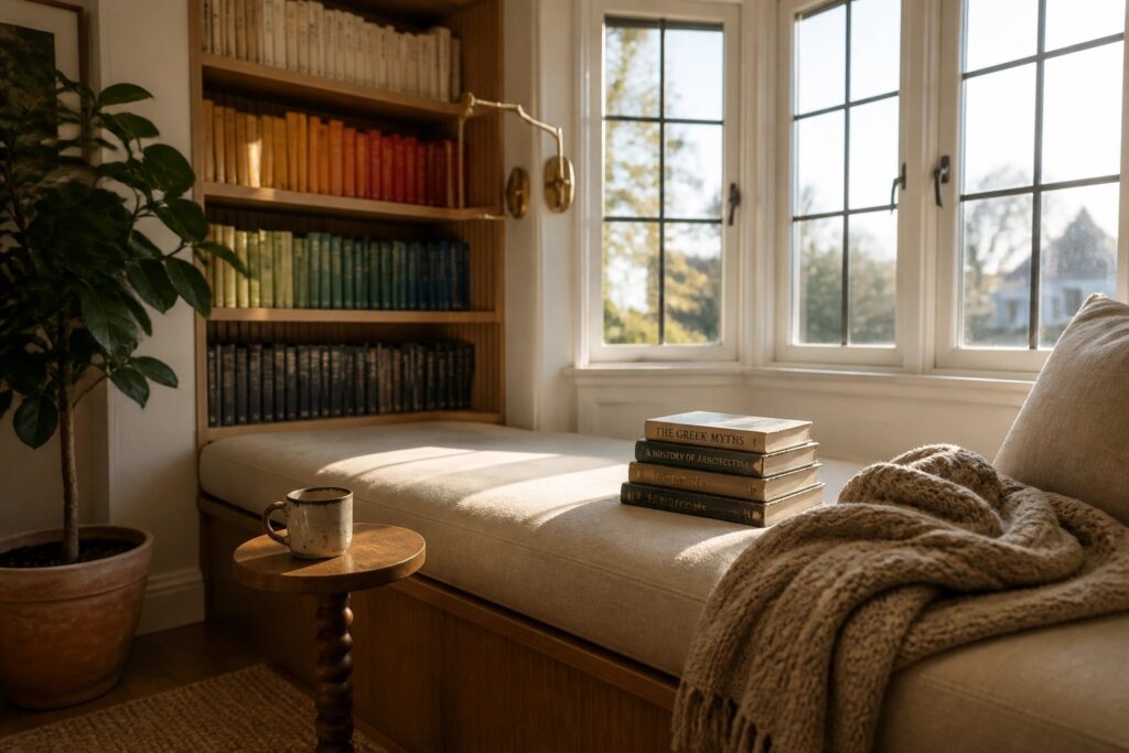 19 Focused Study Space Ideas for Reading and Deep Work A built-in window seat with cushions and stacked books beside wooden bookshelves and a small side table holding a mug.