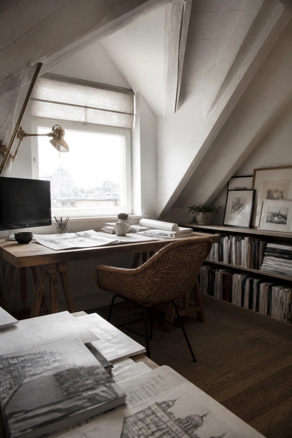 An attic study features a wooden desk positioned under a window, a woven chair, and built-in bookshelves filled with books along the sloped wall.