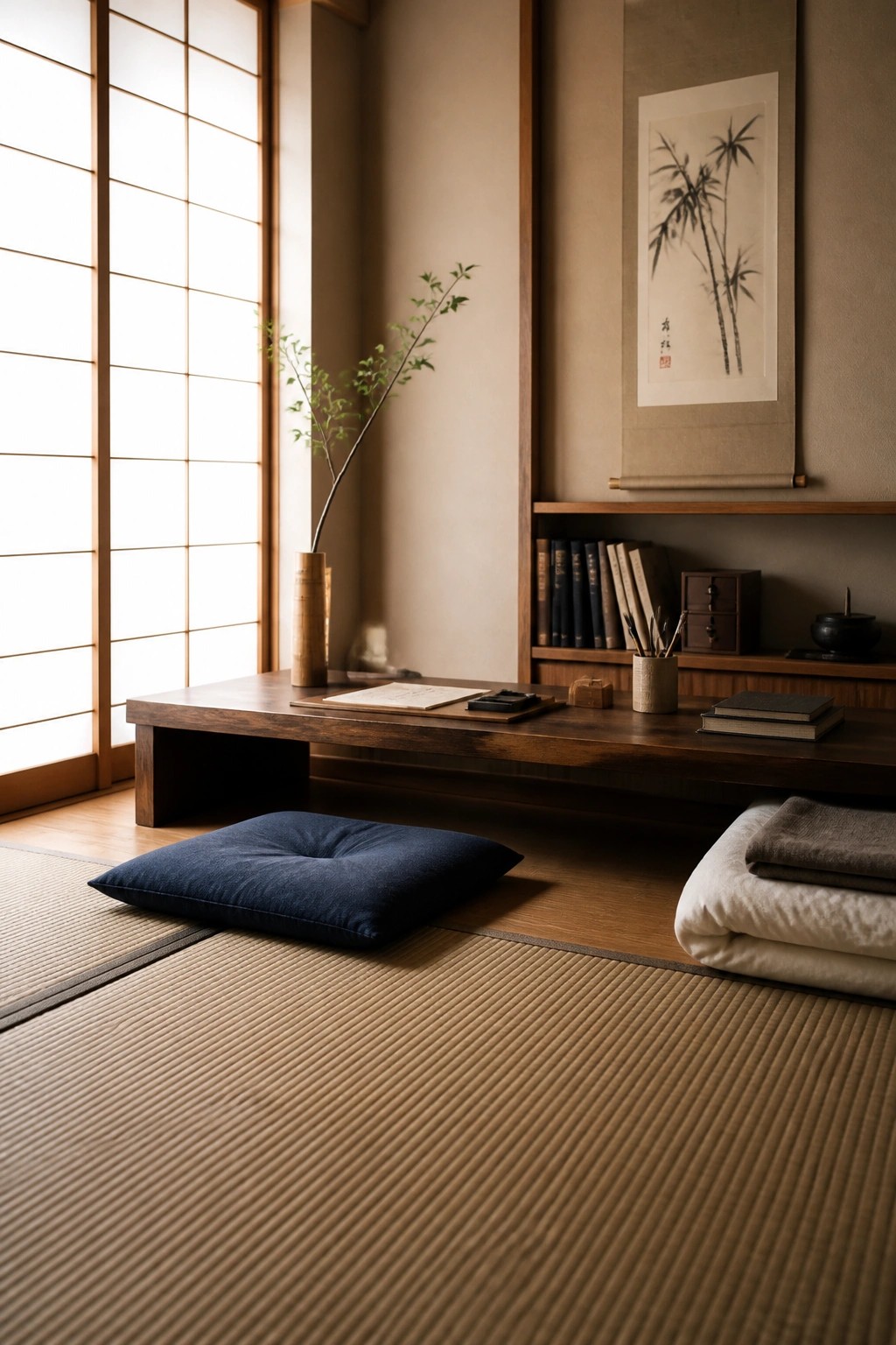 Japanese tatami room with low wooden table, blue cushion, shoji screen, bamboo scroll
