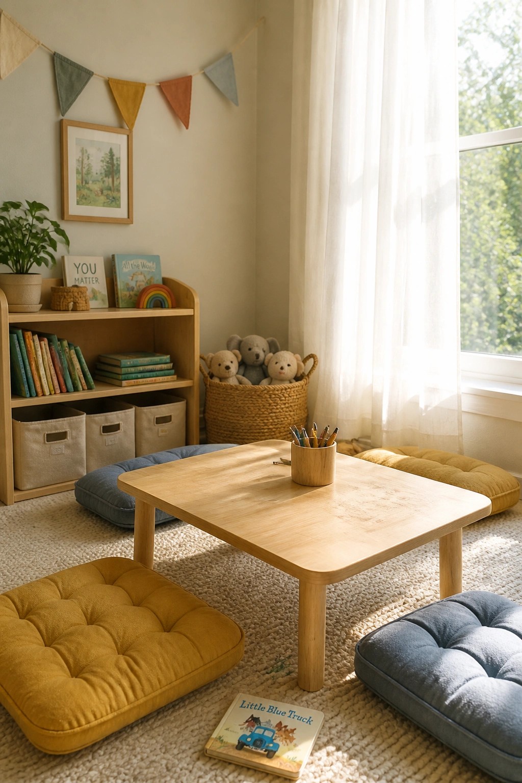 A children's room featuring a low wooden table surrounded by yellow and blue floor cushions, with bookshelves, a basket of stuffed animals, and a window with sheer curtains.