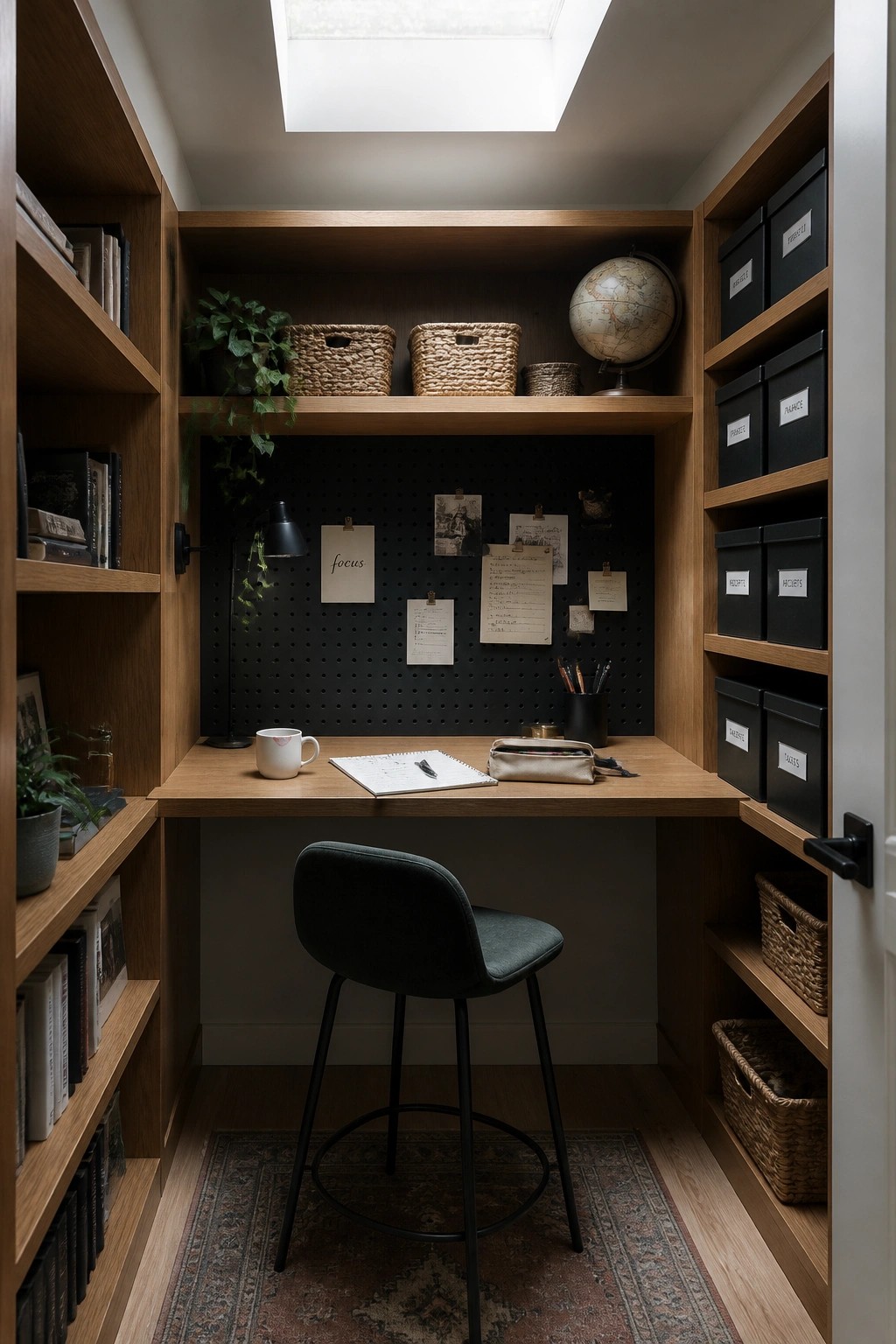 A compact wooden study nook featuring a built-in desk, black pegboard wall with pinned papers, dark green chair, and surrounding shelves with books and storage boxes.