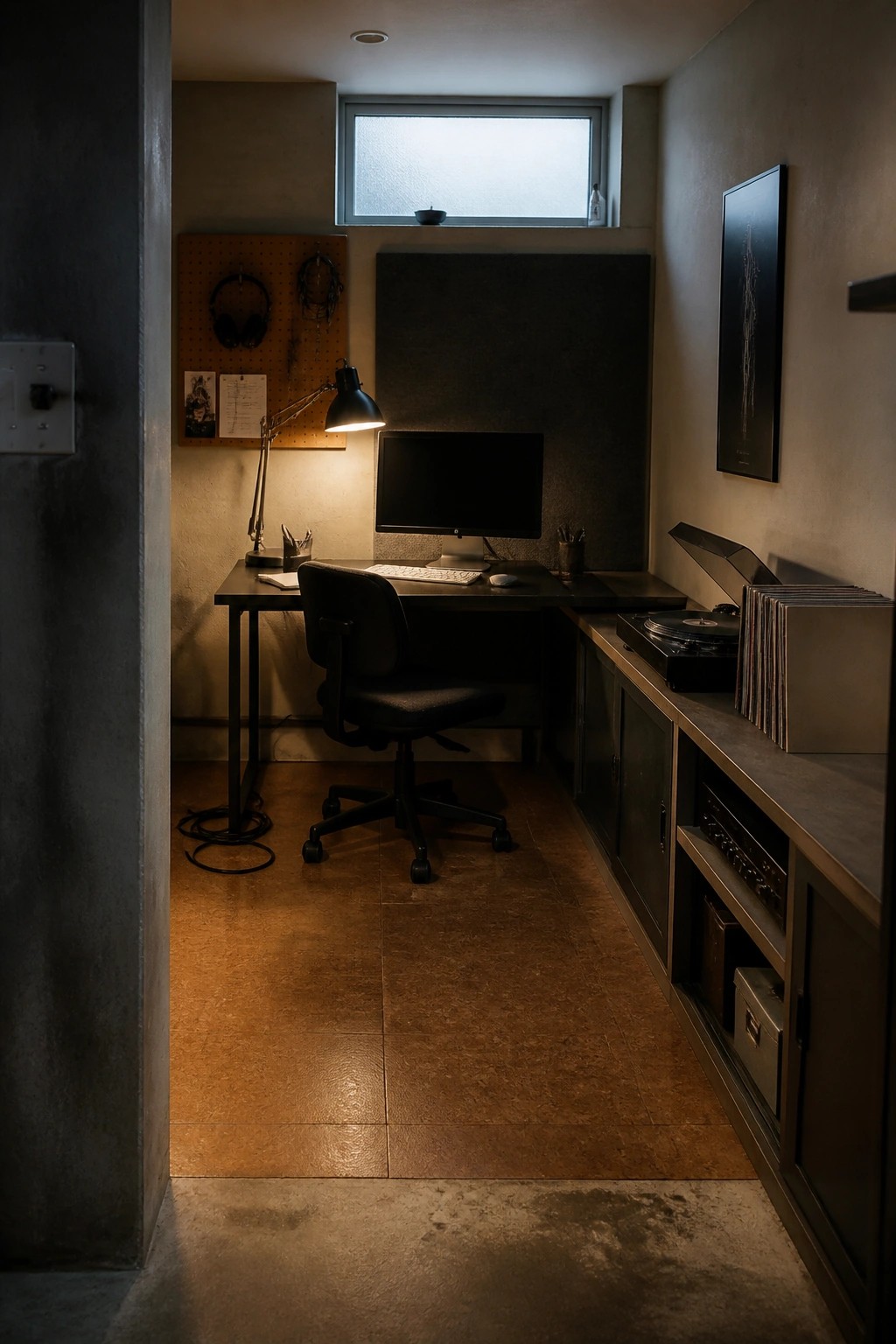 A narrow interior study space with a desk, computer, office chair, pegboard on the wall, and a record player on a side cabinet.