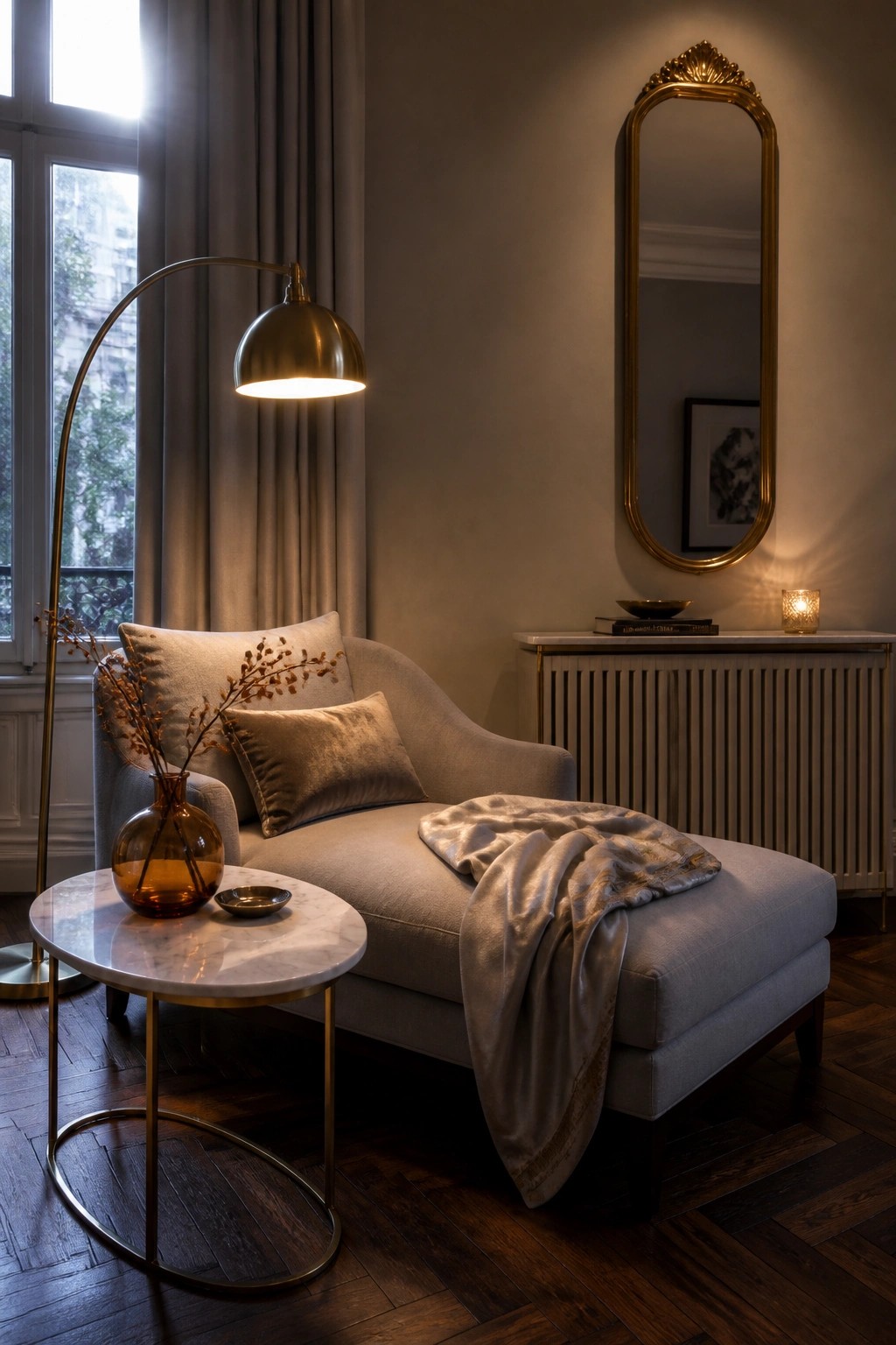 A living room corner with a gray chaise lounge, brass floor lamp, marble side table, and tall gold-framed mirror on the wall.
