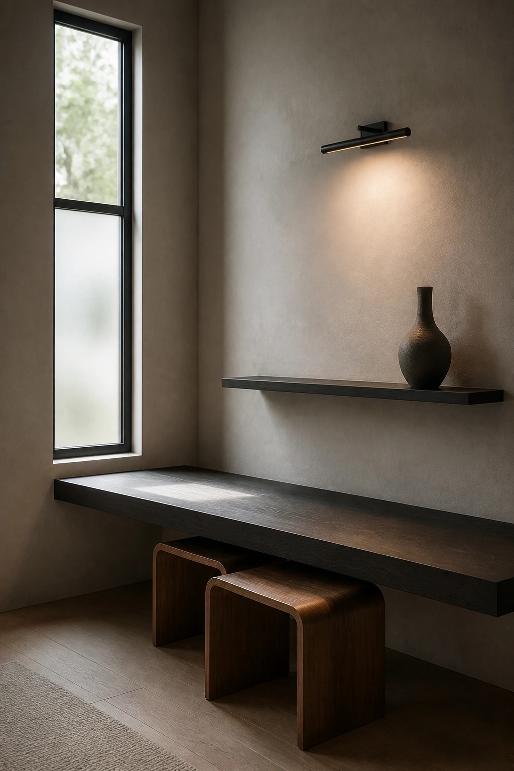 A minimalist interior corner with a long dark floating wooden bench against a textured wall, two curved wooden stools tucked beneath it, a wall-mounted shelf holding a dark vase, a black linear wall light above, and a tall window to the left.