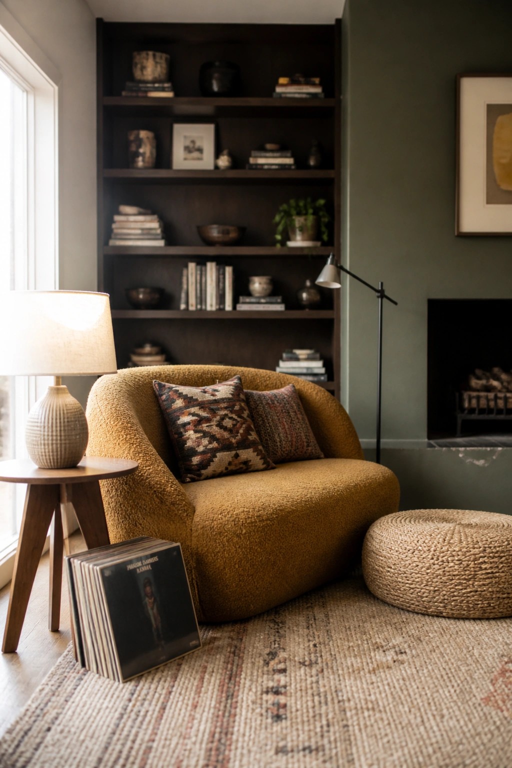 A mustard yellow curved armchair with two pillows sits beside a round woven ottoman on a textured rug in front of dark built-in shelves and a fireplace.