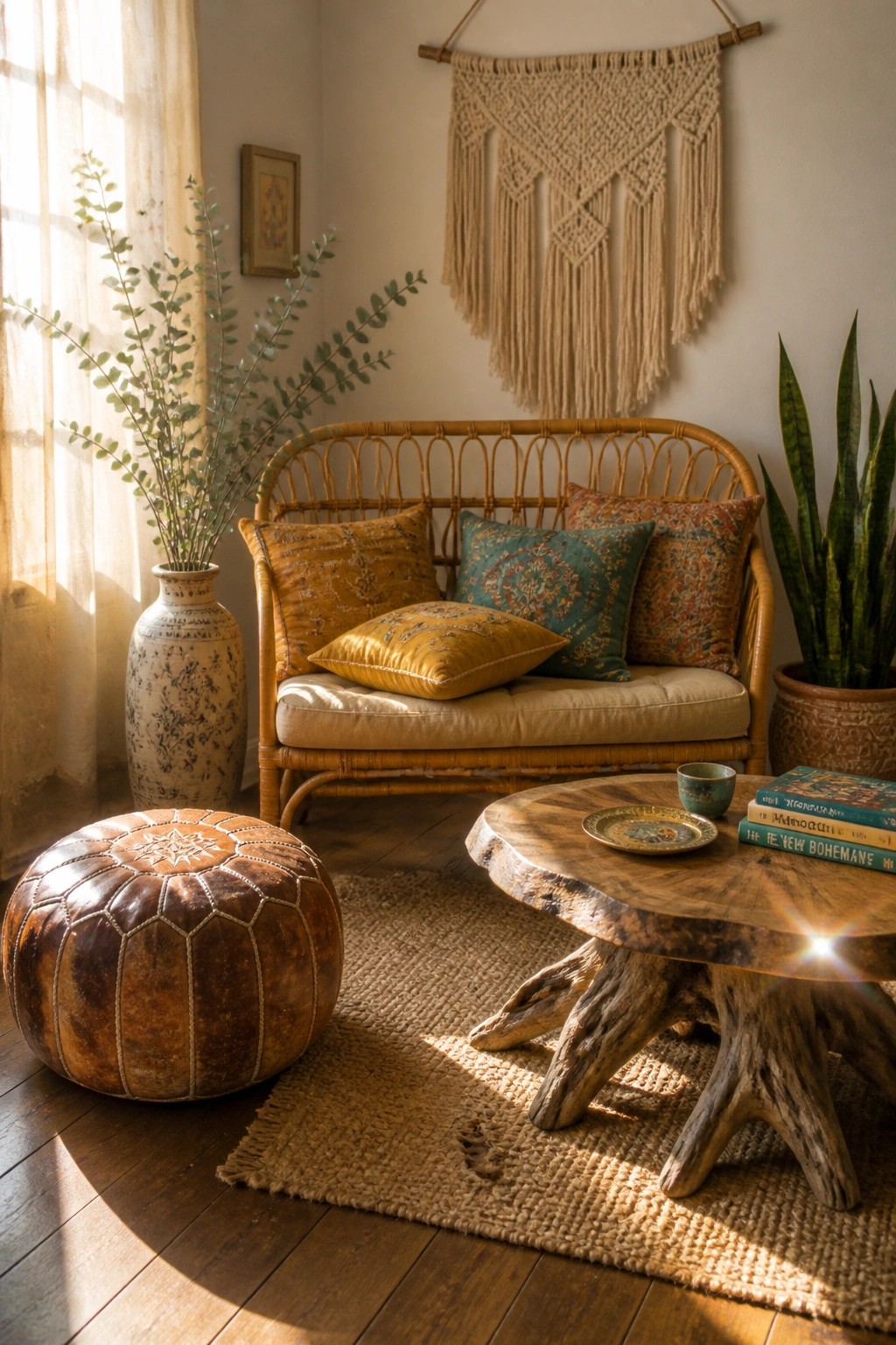 A living room corner featuring a rattan sofa with cushions, a large brown leather pouf, a rustic wood coffee table, and potted plants on a woven rug.