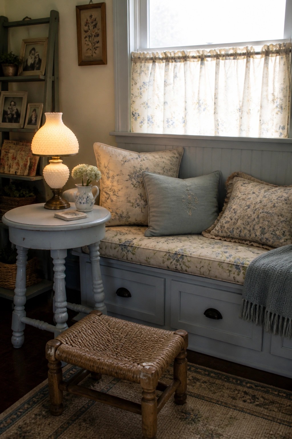 Cozy blue window nook with floral cushions, lit lamp on table, woven stool.
