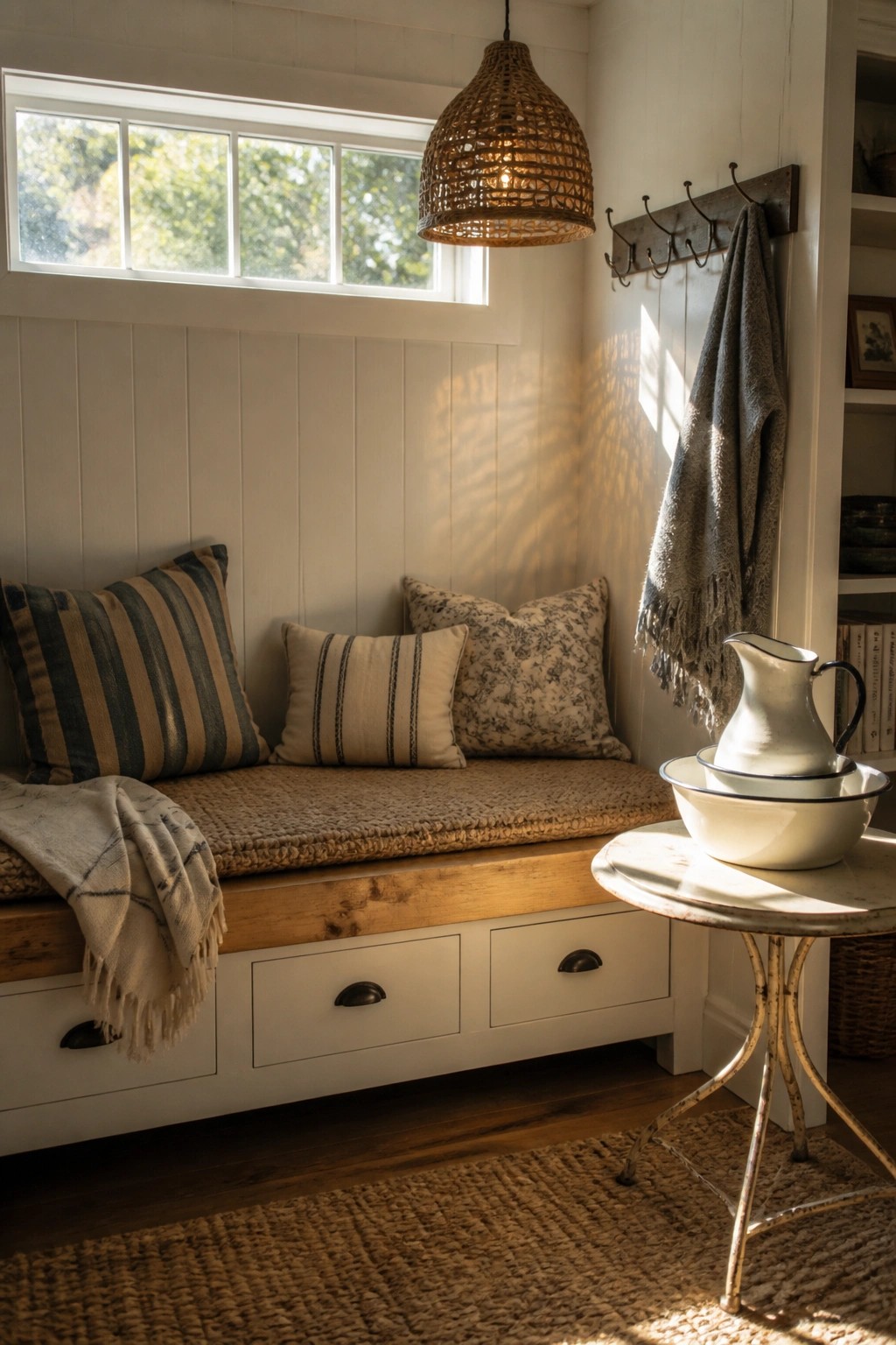 A built-in wooden bench with white drawers sits beneath a window in a white-paneled room, topped with striped and floral pillows, a folded throw, and a small round table holding enamel bowls and a pitcher nearby.