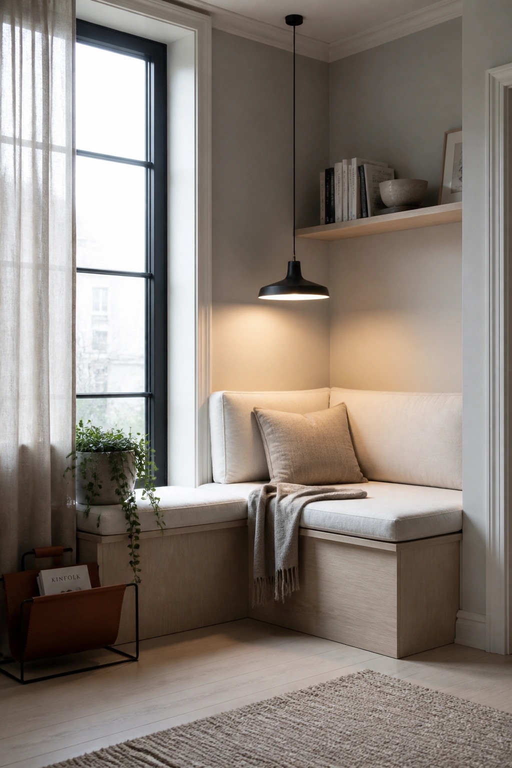 A built-in corner bench with white cushions sits under a window, topped by a floating shelf and a black pendant light.