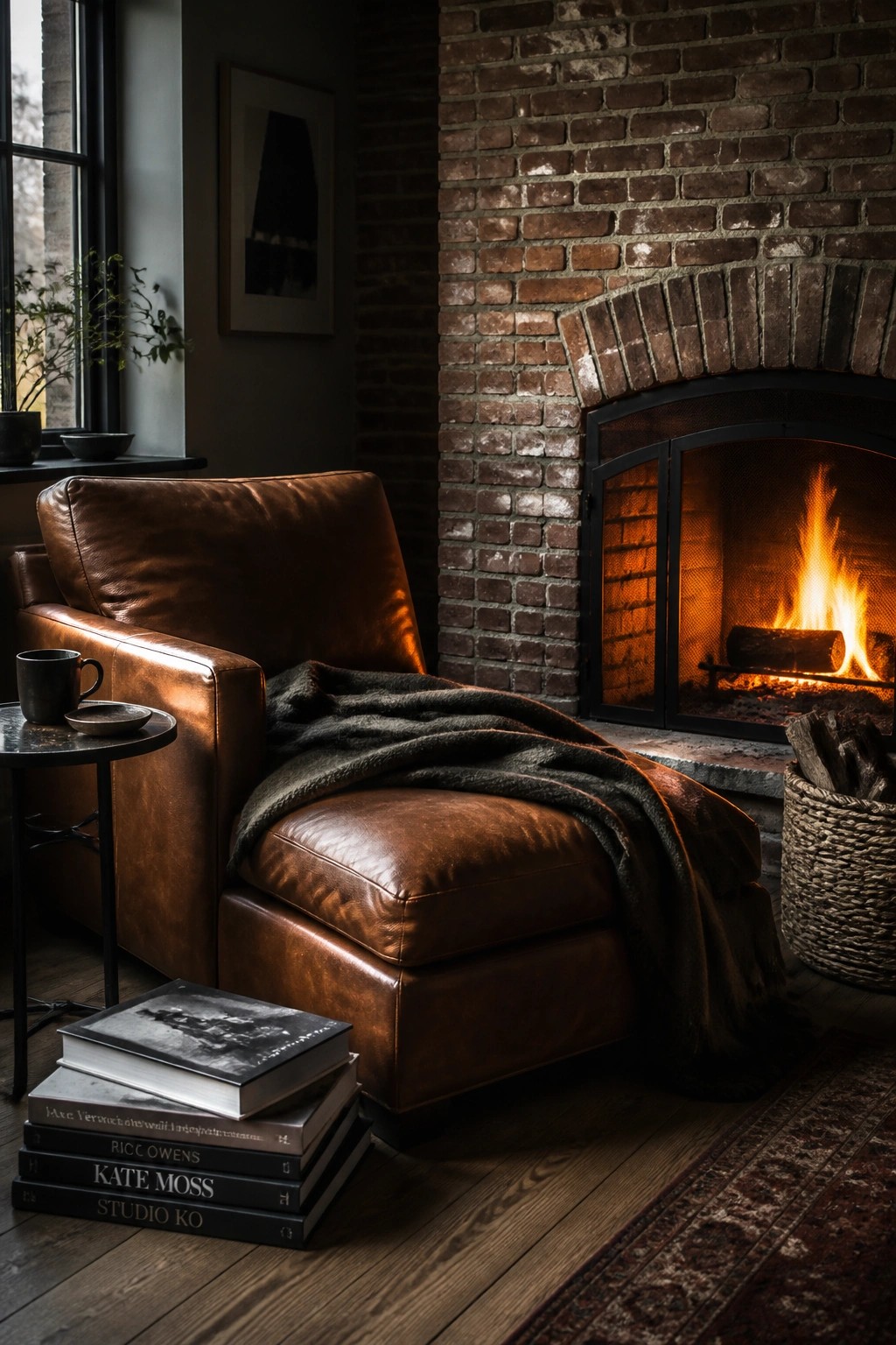 A brown leather armchair with matching ottoman and dark throw blanket sits beside a lit brick fireplace, with a stack of books on the wooden floor nearby.